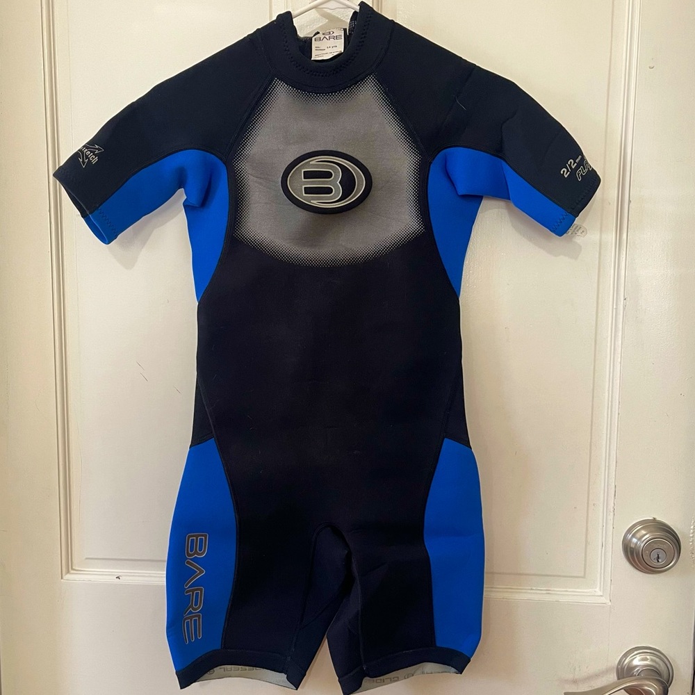 BARE Blue 2/2 MM SHORTY WETSUIT Beach Surf Ski Dive Kid Sz YOUTH 14 yrs